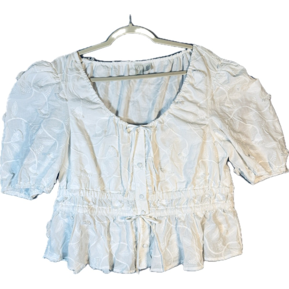 Joie Peplum Blouse Women XL White Embroidered Puff Sleeve Cotton Boho Cottage